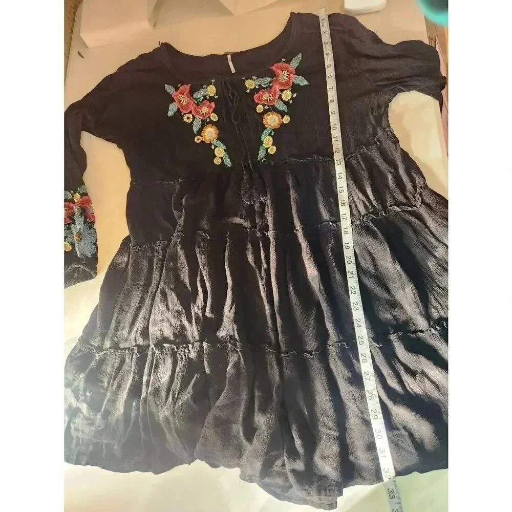 Free People Dress Flowy Black Embroidered Floral Size Medium
